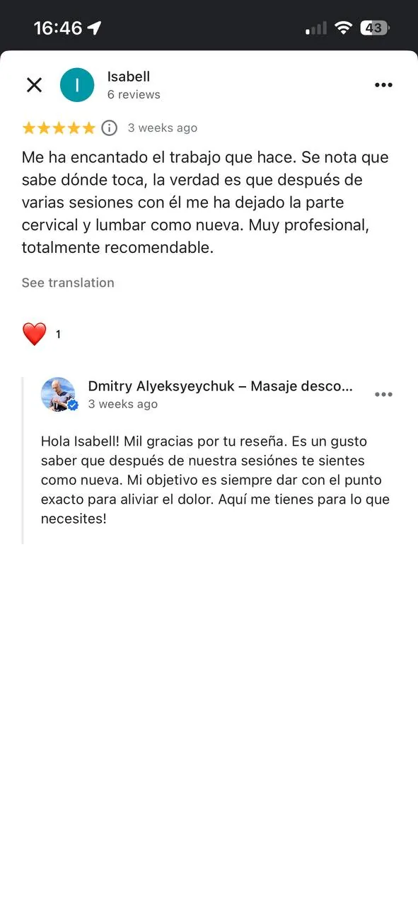 Testimonio de cliente sobre la sesión de masaje