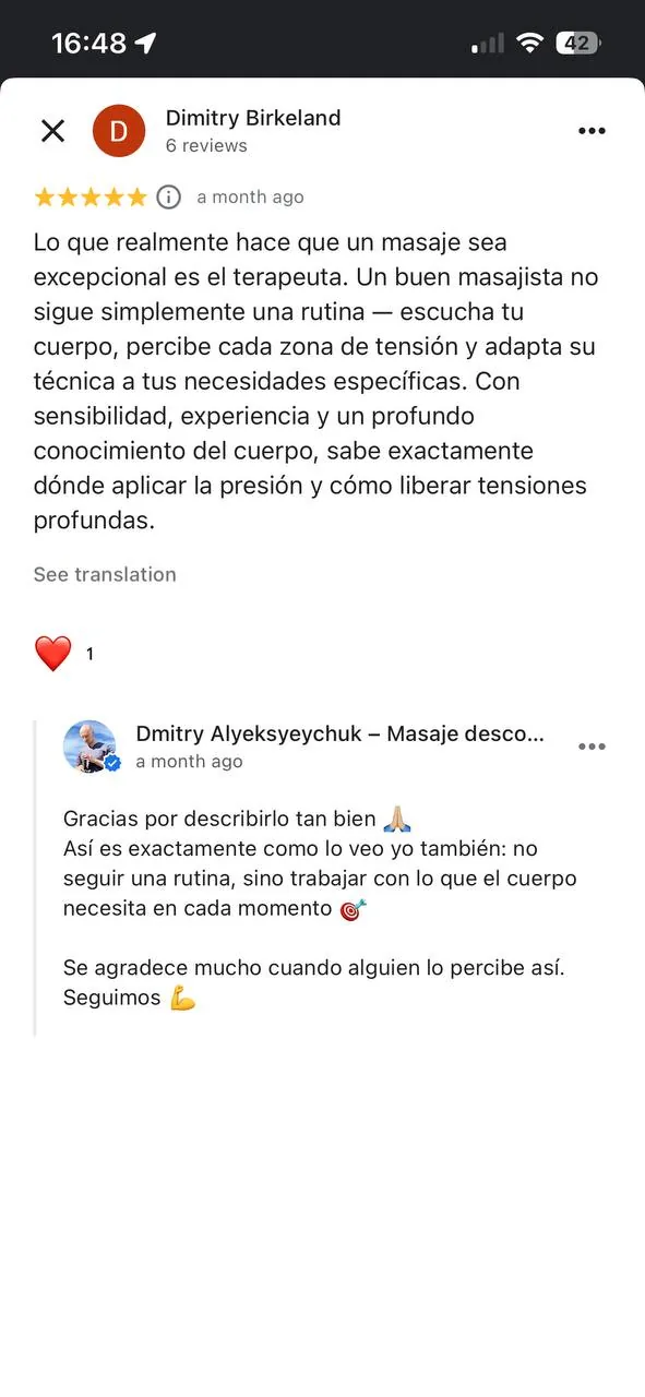 Reseña de cliente sobre el masaje