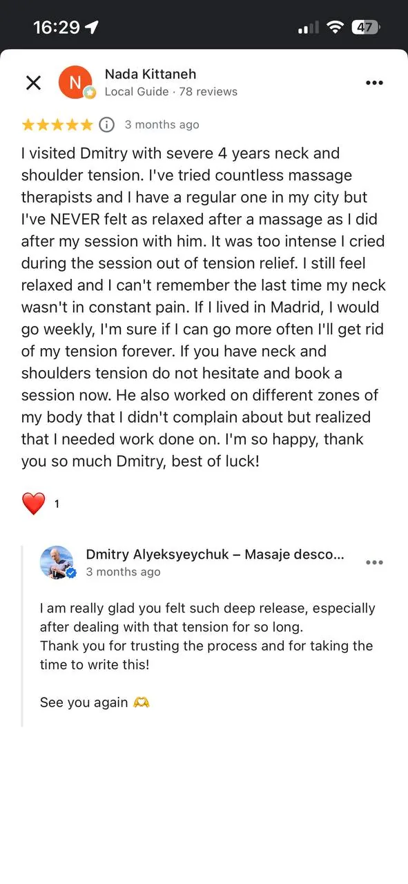 Opinión de cliente sobre la experiencia de masaje