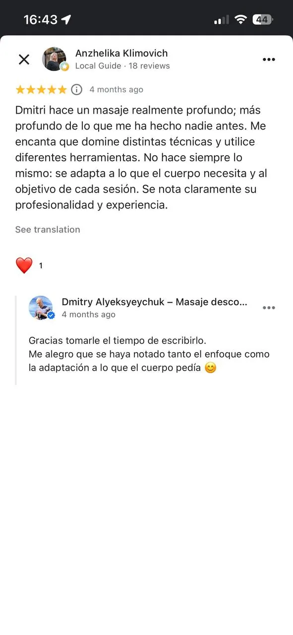 Opinión de cliente sobre la sesión de masaje
